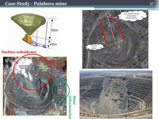 Case Study - Palabora mine                                                               57

                                                                    Note limited extend
                                                        A              of the failure
                                                                      beyond pit rim




                                                            ~160°



                                              Lateral
                                              release
                                                               A
Surface subsidence



                              infrastructur
                              Mine
 