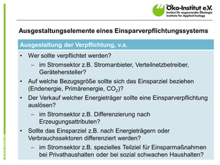 Ausgestaltungselemente eines Einsparverpflichtungssystems

Ausgestaltung der Verpflichtung, v.a.
•   Wer sollte verpflichtet werden?
     - im Stromsektor z.B. Stromanbieter, Verteilnetzbetreiber,
       Gerätehersteller?
•   Auf welche Bezugsgröße sollte sich das Einsparziel beziehen
    (Endenergie, Primärenergie, CO2)?
•   Der Verkauf welcher Energieträger sollte eine Einsparverpflichtung
    auslösen?
     - im Stromsektor z.B. Differenzierung nach
       Erzeugungsattributen?
•   Sollte das Einsparziel z.B. nach Energieträgern oder
    Verbrauchssektoren differenziert werden?
     - im Stromsektor z.B. spezielles Teilziel für Einsparmaßnahmen
       bei Privathaushalten oder bei sozial schwachen Haushalten? 4
 