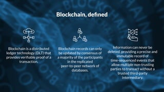 Blockchain is a distributed
ledger technology (DLT) that
provides veriﬁable proof of a
transaction.
Blockchain records can only
be updated by consensus of
a majority of the participants
in the replicated
peer-to-peer network of
databases.
Information can never be
deleted, providing a precise and
immutable record of
time-sequenced events that
allow multiple non-trusting
parties to transact without a
trusted third-party
intermediary.
Blockchain, deﬁned
 
