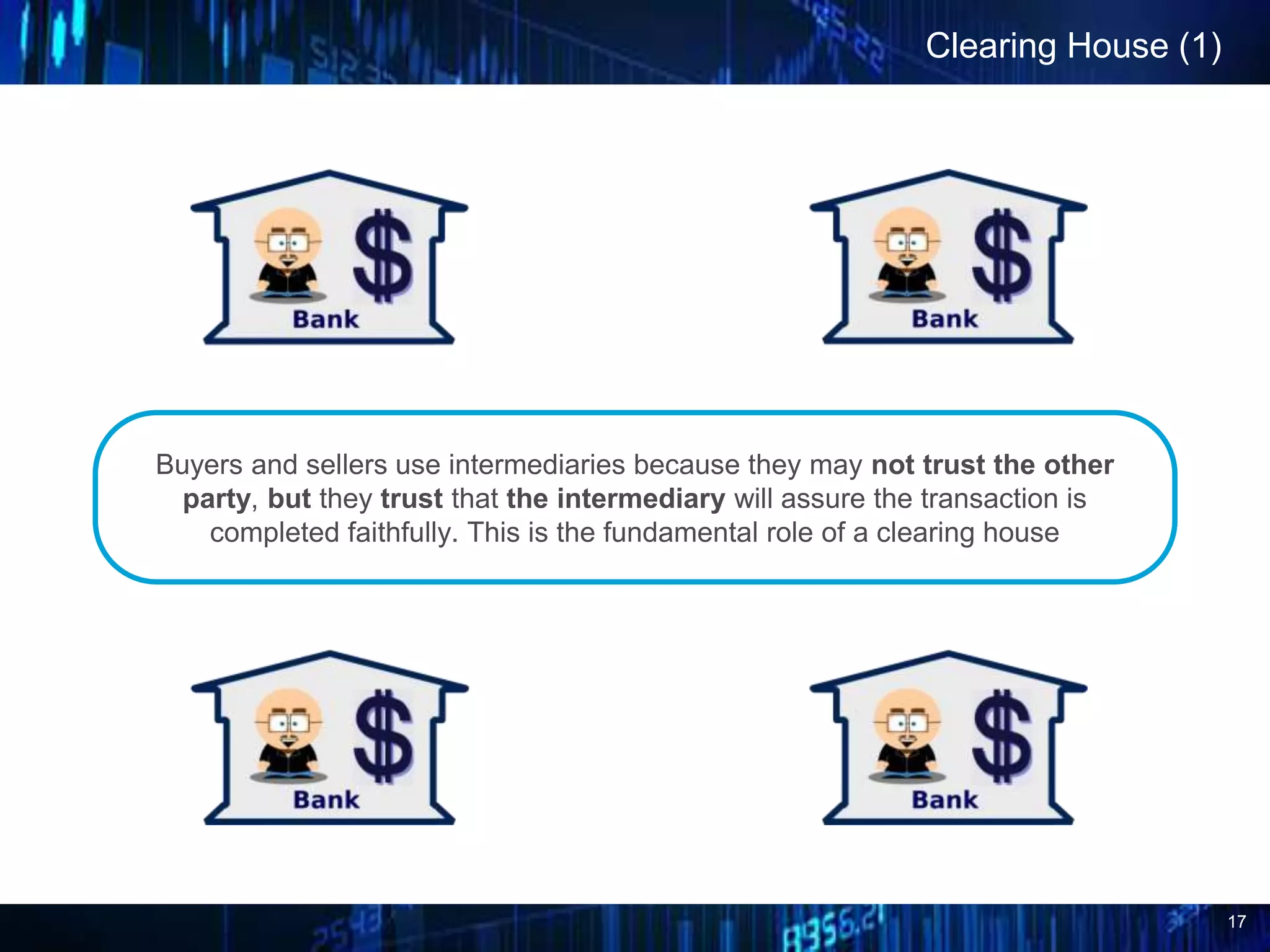 17
Clearing House (1)
Buyers and sellers use intermediaries because they may not trust the other
party, but they trust that the intermediary will assure the transaction is
completed faithfully. This is the fundamental role of a clearing house
 
