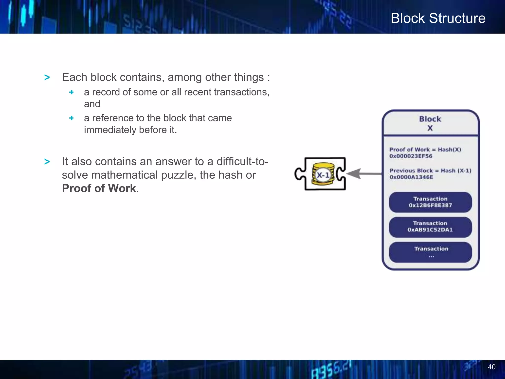 40
Block Structure
Each block contains, among other things :
a record of some or all recent transactions,
and
a reference to the block that came
immediately before it.
It also contains an answer to a difficult-to-
solve mathematical puzzle, the hash or
Proof of Work.
 