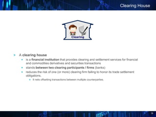 16
A clearing house
is a financial institution that provides clearing and settlement services for financial
and commodities derivatives and securities transactions
stands between two clearing participants / firms (banks)
reduces the risk of one (or more) clearing firm failing to honor its trade settlement
obligations.
It nets offsetting transactions between multiple counterparties.
Clearing House
 