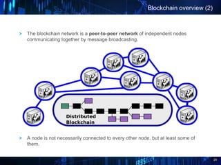 24
Blockchain overview (2)
The blockchain network is a peer-to-peer network of independent nodes
communicating together by message broadcasting.
A node is not necessarily connected to every other node, but at least some of
them.
 