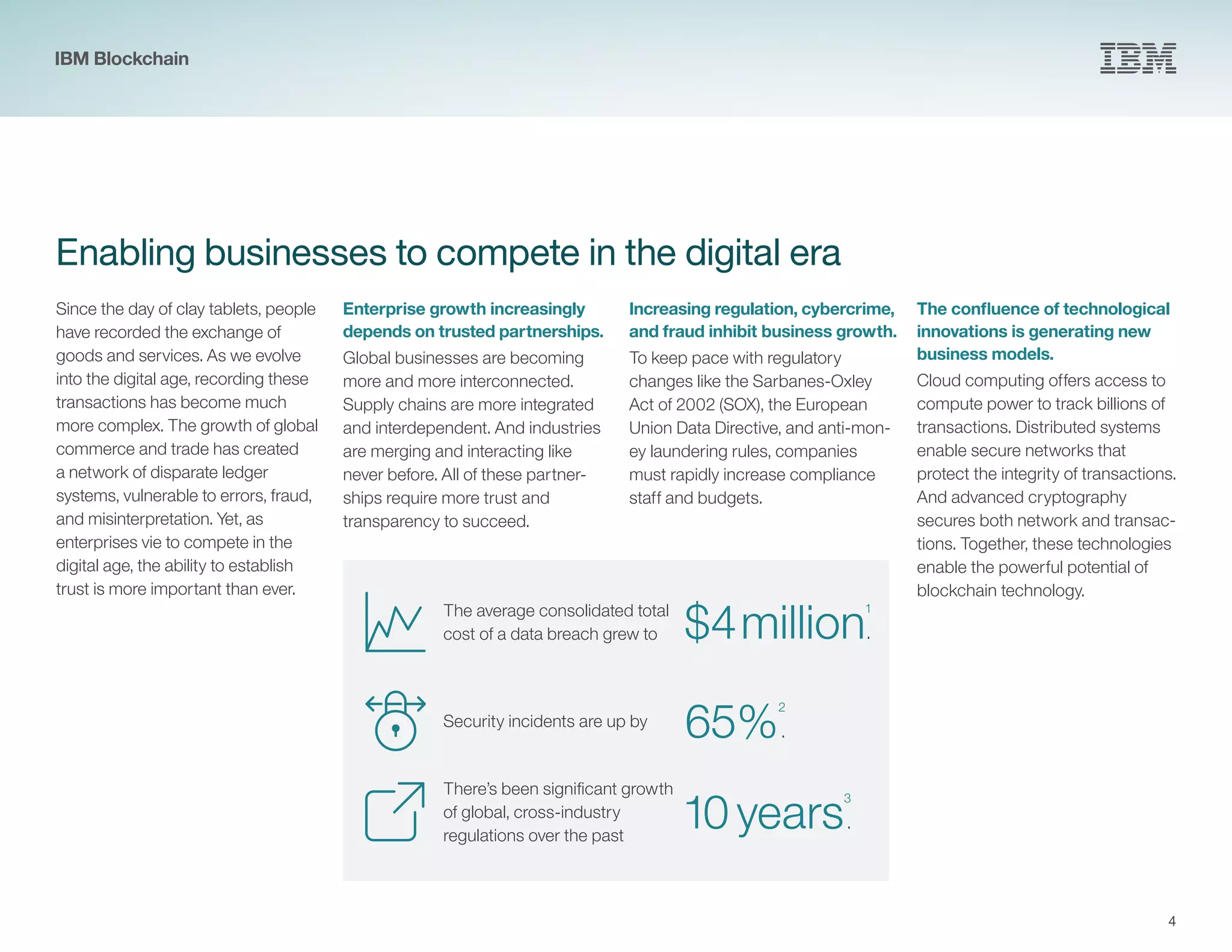 4
Enabling businesses to compete in the digital era
Since the day of clay tablets, people
have recorded the exchange of
goods and services. As we evolve
into the digital age, recording these
transactions has become much
more complex. The growth of global
commerce and trade has created
a network of disparate ledger
systems, vulnerable to errors, fraud,
and misinterpretation. Yet, as
enterprises vie to compete in the
digital age, the ability to establish
trust is more important than ever.
Enterprise growth increasingly
depends on trusted partnerships.
Global businesses are becoming
more and more interconnected.
Supply chains are more integrated
and interdependent. And industries
are merging and interacting like
never before. All of these partner-
ships require more trust and
transparency to succeed.
Increasing regulation, cybercrime,
and fraud inhibit business growth.
To keep pace with regulatory
changes like the Sarbanes-Oxley
Act of 2002 (SOX), the European
Union Data Directive, and anti-mon-
ey laundering rules, companies
must rapidly increase compliance
staff and budgets.
The confluence of technological
innovations is generating new
business models.
Cloud computing offers access to
compute power to track billions of
transactions. Distributed systems
enable secure networks that
protect the integrity of transactions.
And advanced cryptography
secures both network and transac-
tions. Together, these technologies
enable the powerful potential of
blockchain technology.
The average consolidated total
cost of a data breach grew to $4million
1
.
There’s been significant growth
of global, cross-industry
regulations over the past
10years
3
.
Security incidents are up by
65%
2
.
IBM Blockchain
 