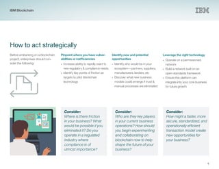 6
How to act strategically
Before embarking on a blockchain
project, enterprises should con-
sider the following:
Consider:
Where is there friction
in your business? What
would be possible if you
eliminated it? Do you
operate in a regulated
industry where
compliance is of
utmost importance?
Consider:
Who are they key players
in your current business
operations? How should
you begin experimenting
and collaborating on
blockchain now to help
shape the future of your
business?
Consider:
How might a faster, more
secure, standardized, and
operationally efficient
transaction model create
new opportunities for
your business?
Identify new and potential
opportunities
•• Identify who would be in your
ecosystem—partners, suppliers,
manufacturers, lenders, etc
•• Discover what new business
models could emerge if trust &
manual processes are eliminated
Leverage the right technology
•• Operate on a permissioned
network
•• Build a network built on an
open-standards framework
•• Ensure this platform can
integrate into your core business
for future growth
Pinpoint where you have vulner-
abilities or inefficiencies
•• Increase ability to rapidly react to
new regulatory & compliance needs
•• Identify key points of friction as
targets to pilot blockchain
technology
IBM Blockchain
 