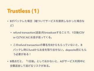 Trustless (1)
• B
• refund transaction( ) broadcast 1 (CSV
or CLTV) A
• refund transaction B B
fund deposite
• B 1 A
 