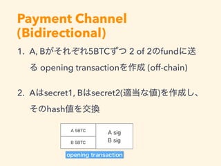 Payment Channel
(Bidirectional)
1. A, B 5BTC 2 of 2 fund
opening transaction (off-chain)
2. A secret1, B secret2( )
hash
 