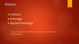 Attacks
Collision
Preimage
Second PreImage
https://security.googleblog.com/2017/02/announcing-first-sha1-collision.html
https://shattered.io/
 