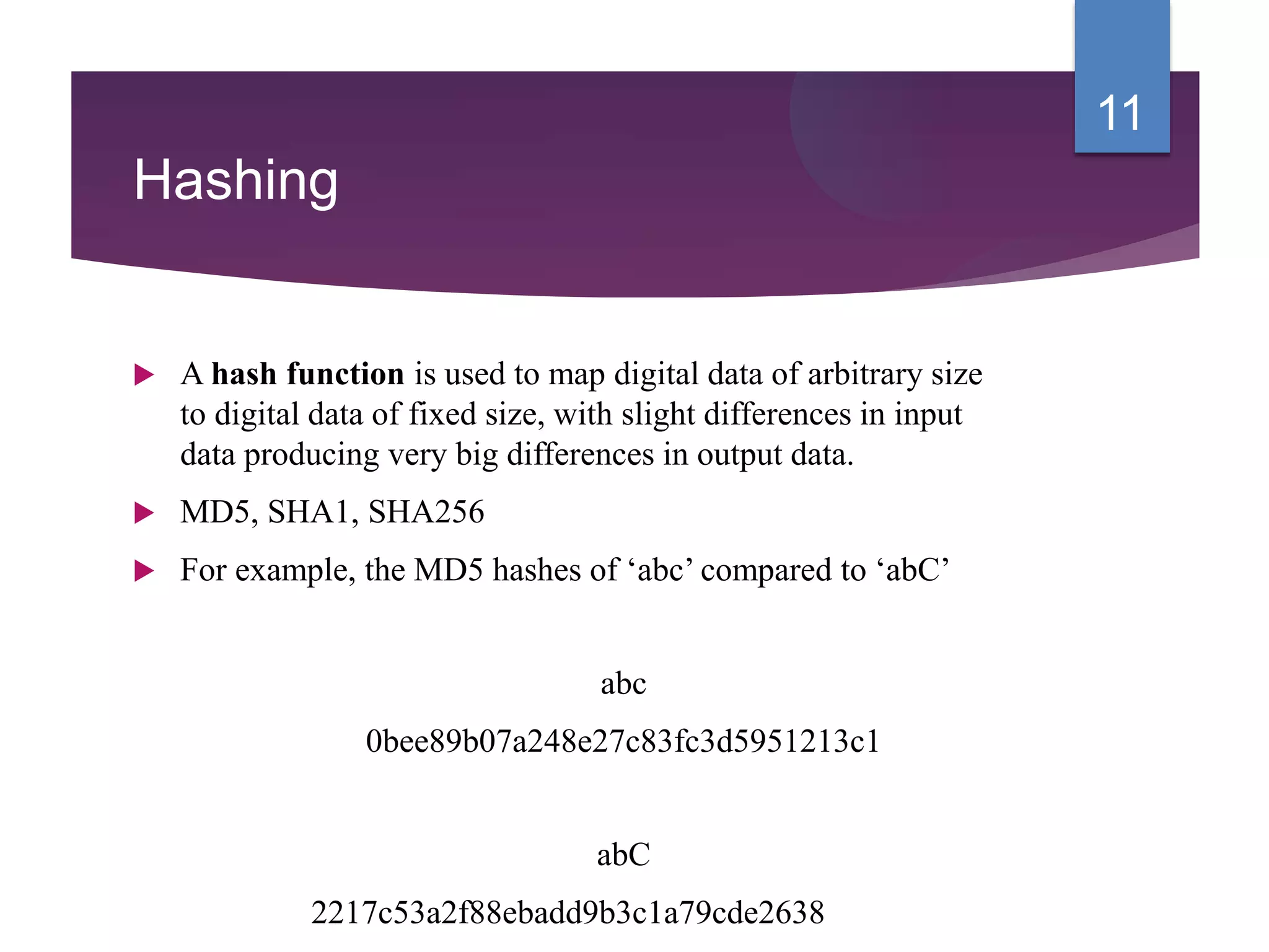 Hashing
 A hash function is used to map digital data of arbitrary size
to digital data of fixed size, with slight differences in input
data producing very big differences in output data.
 MD5, SHA1, SHA256
 For example, the MD5 hashes of ‘abc’ compared to ‘abC’
abc
0bee89b07a248e27c83fc3d5951213c1
abC
2217c53a2f88ebadd9b3c1a79cde2638
11
 