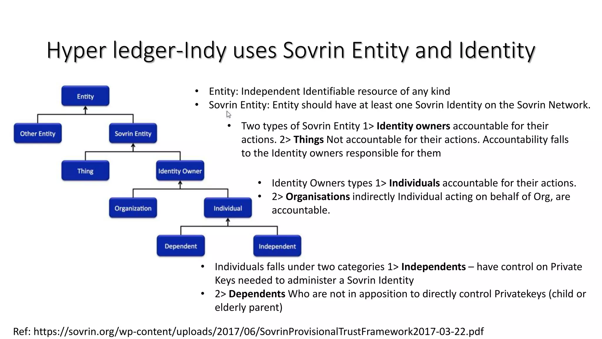 Hyper ledger-Indy uses Sovrin Entity and Identity
• Entity: Independent Identifiable resource of any kind
• Sovrin Entity: Entity should have at least one Sovrin Identity on the Sovrin Network.
• Two types of Sovrin Entity 1> Identity owners accountable for their
actions. 2> Things Not accountable for their actions. Accountability falls
to the Identity owners responsible for them
• Identity Owners types 1> Individuals accountable for their actions.
• 2> Organisations indirectly Individual acting on behalf of Org, are
accountable.
• Individuals falls under two categories 1> Independents – have control on Private
Keys needed to administer a Sovrin Identity
• 2> Dependents Who are not in apposition to directly control Privatekeys (child or
elderly parent)
Ref: https://sovrin.org/wp-content/uploads/2017/06/SovrinProvisionalTrustFramework2017-03-22.pdf
 