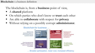 Blockchain : a business definition
The blockchain is, from a business point of view,
 A shared platform
 On which parties who don’t know or trust each other
 Are able to collaborate with respect for privacy
 Without relying on a possibly corrupt administrator.
 