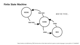 https://medium.com/@brianray_7981/tutorial-write-a-finite-state-machine-to-parse-a-custom-language-in-pure-python-1c11ade9bd43
Finite State Machine
?? ?? ???
 