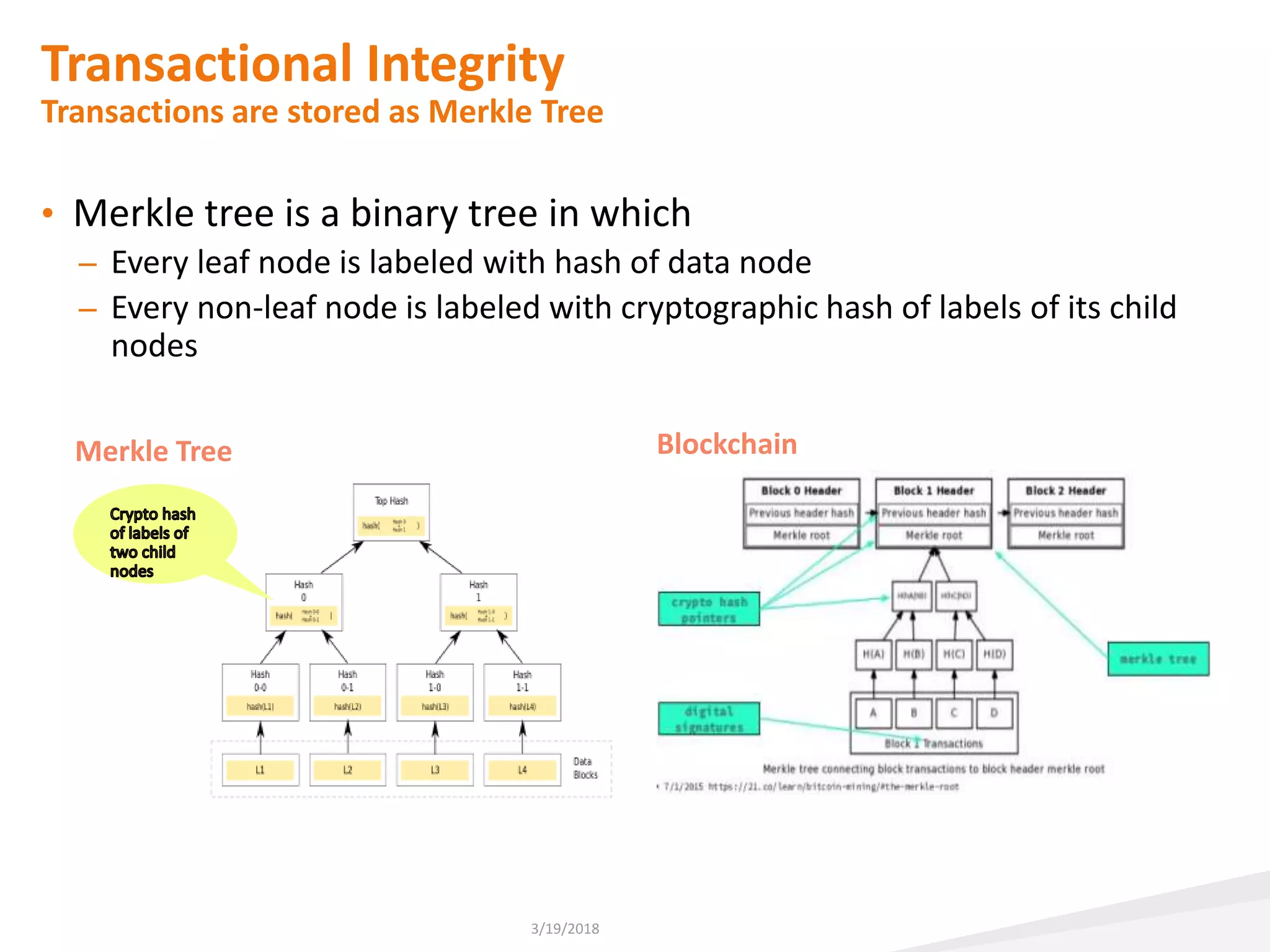 Transactional Integrity
Transactions are stored as Merkle Tree
• Merkle tree is a binary tree in which
– Every leaf node is labeled with hash of data node
– Every non-leaf node is labeled with cryptographic hash of labels of its child
nodes
3/19/2018
BlockchainMerkle Tree
 