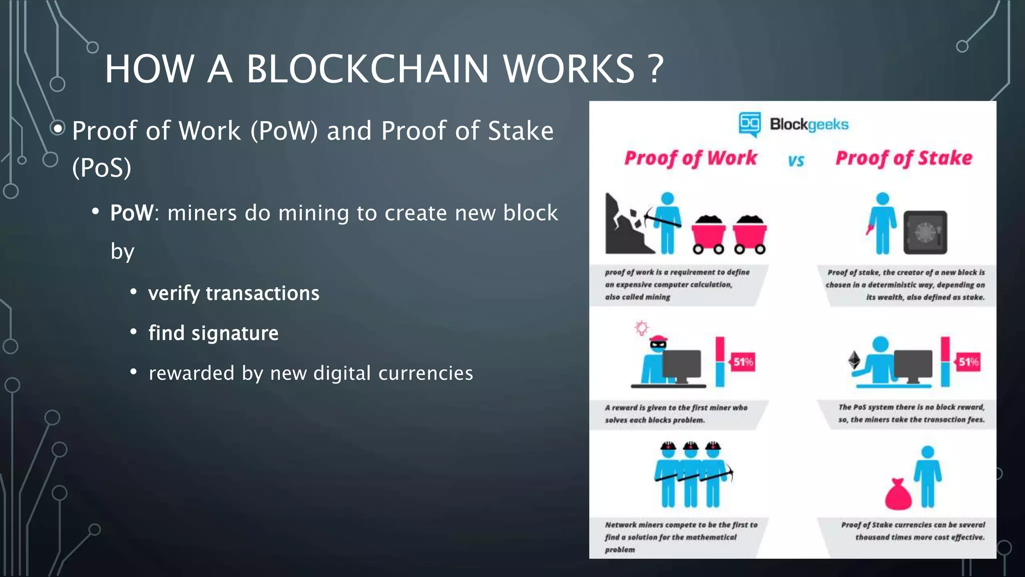 HOW A BLOCKCHAIN WORKS ?
• Proof of Work (PoW) and Proof of Stake
(PoS)
• PoW: miners do mining to create new block
by
• verify transactions
• find signature
• rewarded by new digital currencies
 