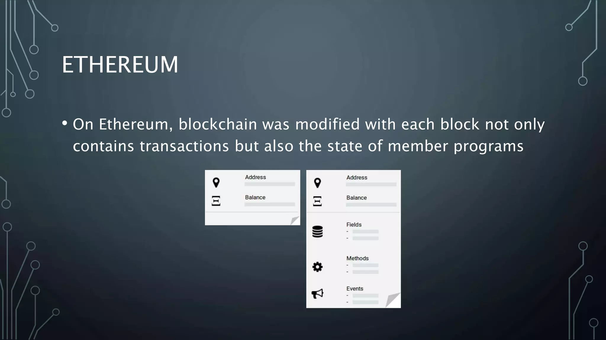 ETHEREUM
• On Ethereum, blockchain was modified with each block not only
contains transactions but also the state of member programs
 