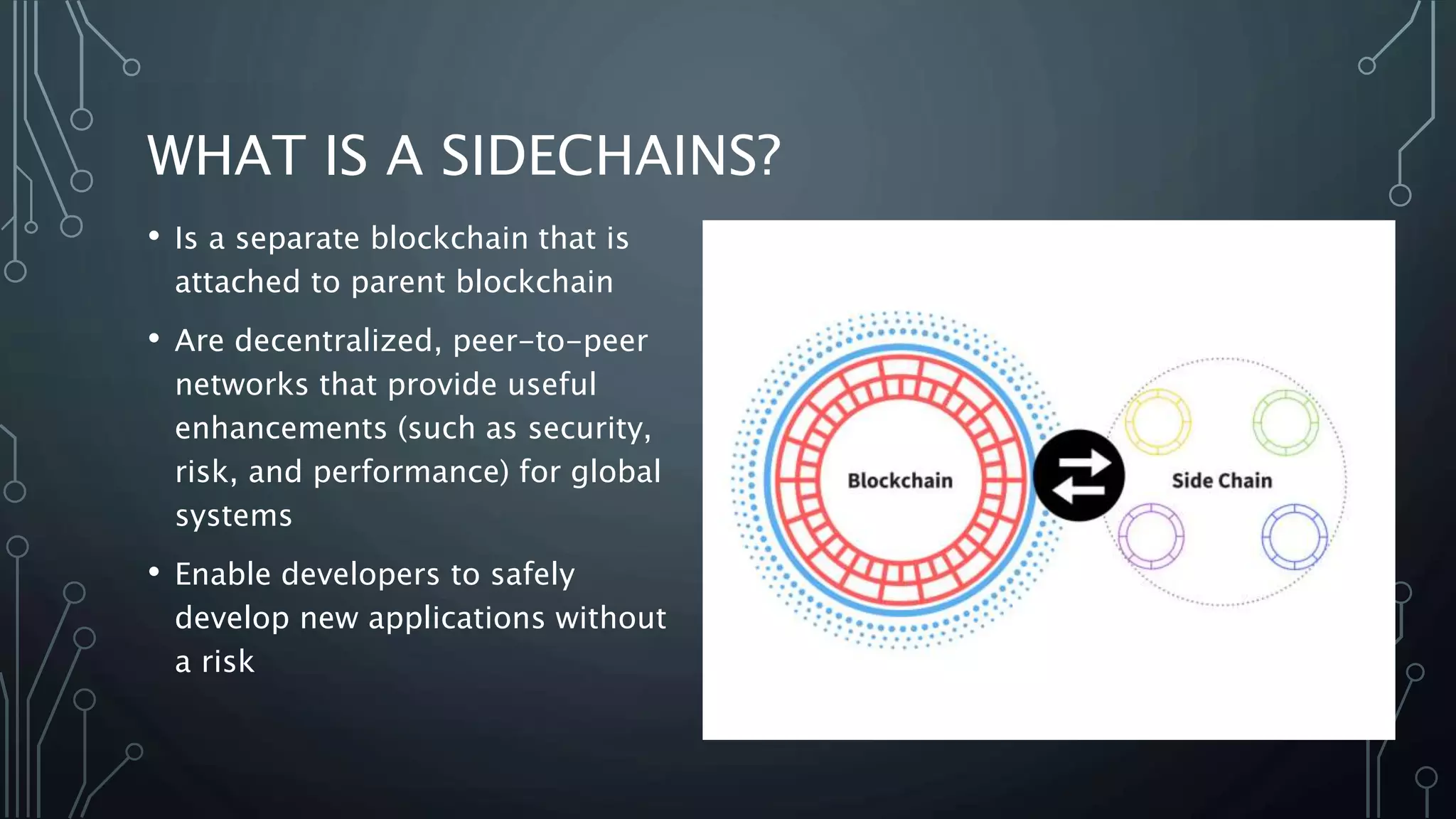 WHAT IS A SIDECHAINS?
• Is a separate blockchain that is
attached to parent blockchain
• Are decentralized, peer-to-peer
networks that provide useful
enhancements (such as security,
risk, and performance) for global
systems
• Enable developers to safely
develop new applications without
a risk
 