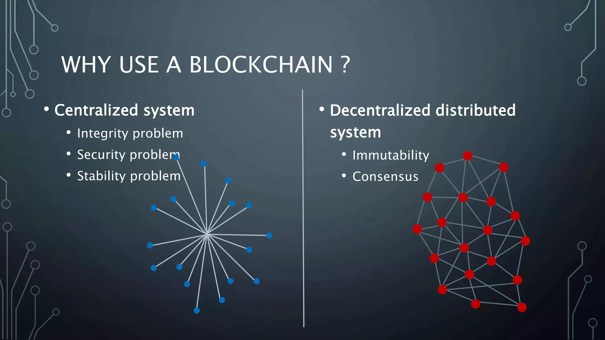 WHY USE A BLOCKCHAIN ?
• Centralized system
• Integrity problem
• Security problem
• Stability problem
• Decentralized distributed
system
• Immutability
• Consensus
 