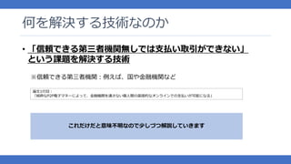 何を解決する技術なのか
• 「信頼できる第三者機関無しでは支払い取引ができない」
という課題を解決する技術
※信頼できる第三者機関：例えば、国や金融機関など
論文1行目：
「純粋なP2P電子マネーによって、金融機関を通さない個人間の直接的なオンラインでの支払いが可能になる」
これだけだと意味不明なので少しづつ解説していきます
 