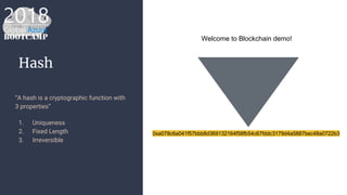 Hash
“A hash is a cryptographic function with
3 properties”
1. Uniqueness
2. Fixed Length
3. Irreversible
Welcome to Blockchain demo!
0xa078c6a041f57bbb8d369132164f58fb54c67fddc3179d4a5887bec48a0722b3
 