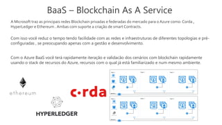 A Microsoft traz as principais redes Blockchain privadas e federadas do mercado para o Azure como: Corda ,
HyperLedger e Ethereum . Ambas com suporte a criação de smart Contracts.
BaaS – Blockchain As A Service
Com isso você reduz o tempo tendo facilidade com as redes e infraestruturas de diferentes topologias e pré-
configuradas , se preocupando apenas com a gestão e desenvolvimento.
Com o Azure BaaS você terá rapidamente iteração e validacão dos cenários com blockchain rapidamente
usando o stack de recursos do Azure, recursos com o qual já está familiarizado e num mesmo ambiente.
 