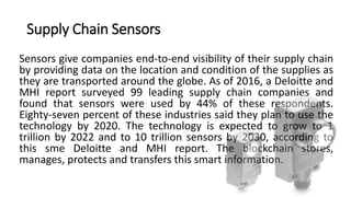 Supply Chain Sensors
Sensors give companies end-to-end visibility of their supply chain
by providing data on the location and condition of the supplies as
they are transported around the globe. As of 2016, a Deloitte and
MHI report surveyed 99 leading supply chain companies and
found that sensors were used by 44% of these respondents.
Eighty-seven percent of these industries said they plan to use the
technology by 2020. The technology is expected to grow to 1
trillion by 2022 and to 10 trillion sensors by 2030, according to
this sme Deloitte and MHI report. The blockchain stores,
manages, protects and transfers this smart information.
 