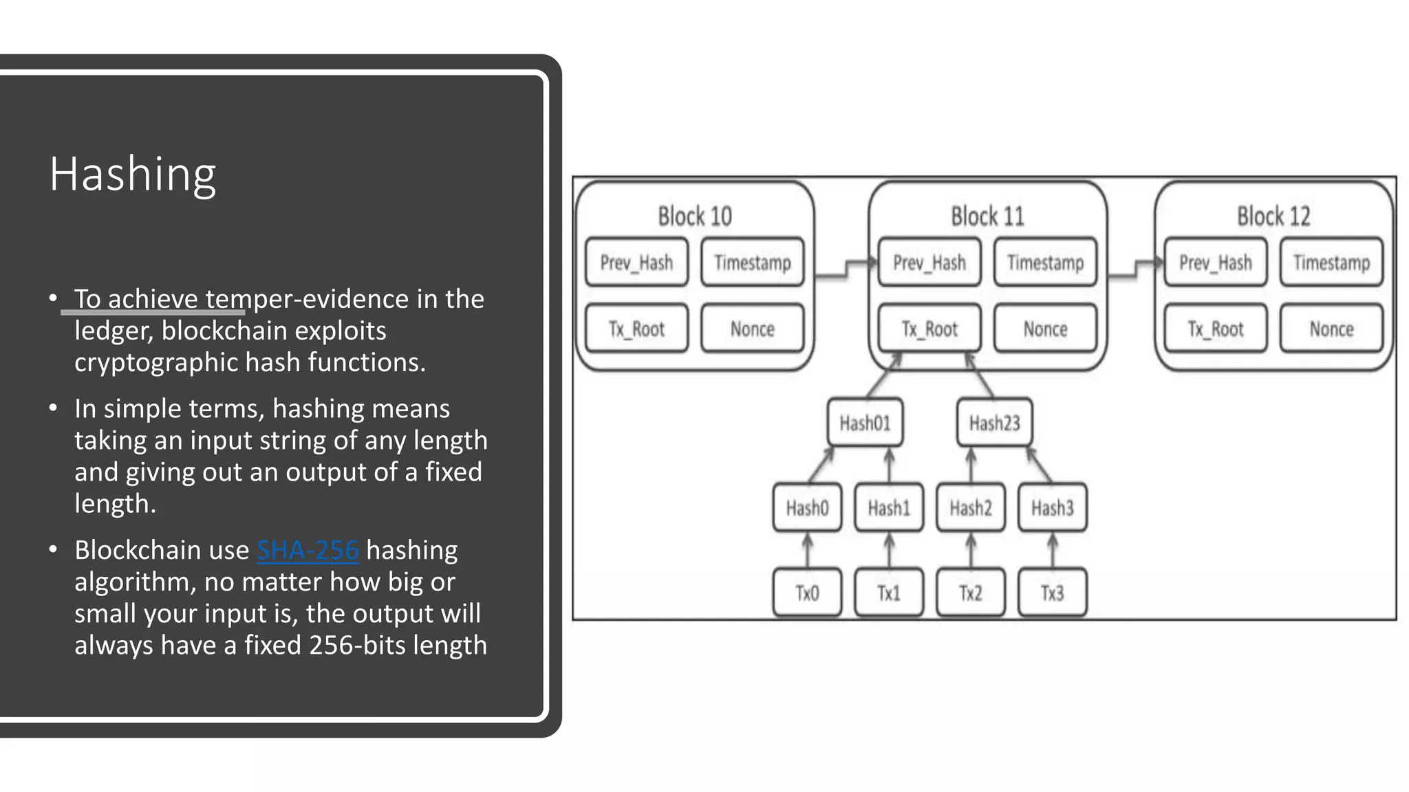 Hashing
• To achieve temper-evidence in the
ledger, blockchain exploits
cryptographic hash functions.
• In simple terms, hashing means
taking an input string of any length
and giving out an output of a fixed
length.
• Blockchain use SHA-256 hashing
algorithm, no matter how big or
small your input is, the output will
always have a fixed 256-bits length
 