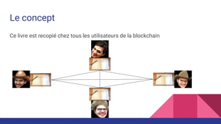 Le concept
Ce livre est recopié chez tous les utilisateurs de la blockchain
 