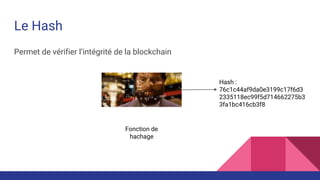 Le Hash
Permet de vérifier l’intégrité de la blockchain
Fonction de
hachage
Hash :
76c1c44af9da0e3199c17f6d3
2335118ec99f5d714662275b3
3fa1bc416cb3f8
 