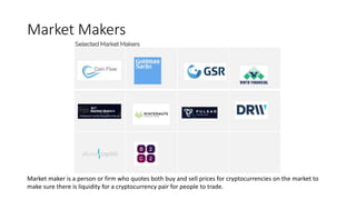 Market Makers
Market maker is a person or firm who quotes both buy and sell prices for cryptocurrencies on the market to
make sure there is liquidity for a cryptocurrency pair for people to trade.
 
