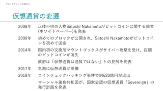 仮想通貨の変遷
ブロックチェーンの始まり
正体不明の人物Satoshi Nakamotoがビットコインに関する論文
(ホワイトペーパー)を発表
初めてのブロックが公開され、Satoshi Nakamotoがビットコイ
ンを初めて送金
国内初の交換所マウントゴックスがサイバー攻撃を受け、巨額
のビットコインが消失
政府は「仮想通貨は通貨ではない」との見解を発表
急激に仮想通貨が高騰
コインチェックハッキング事件で約620億円が流出
マーシャル諸島共和国が、国家公認の仮想通貨「Sovereign」の
発行計画を発表
2008年
あ
2009年
あ
2014年
あ
2017年
2018年
 