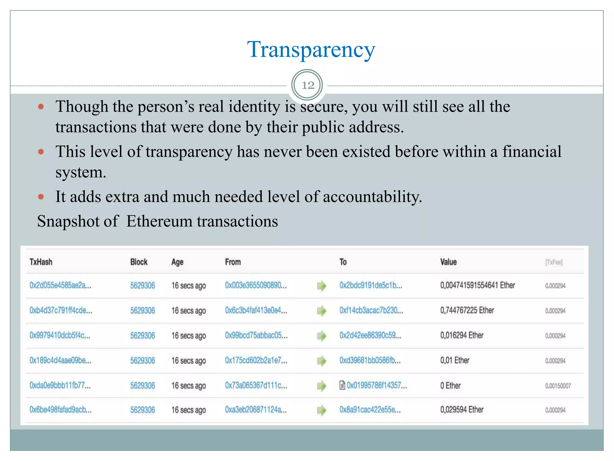  Though the person’s real identity is secure, you will still see all the
transactions that were done by their public address.
 This level of transparency has never been existed before within a financial
system.
 It adds extra and much needed level of accountability.
Snapshot of Ethereum transactions
Transparency
12
 