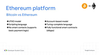 Ethereum platform
Bitcoin vs Ethereum
●UTXO model
●Scripting language
●No smart contacts (supports
basic payment logic)
●Account-based model
●Turing-complete language
●Fully functional smart contracts
(dApps)
 