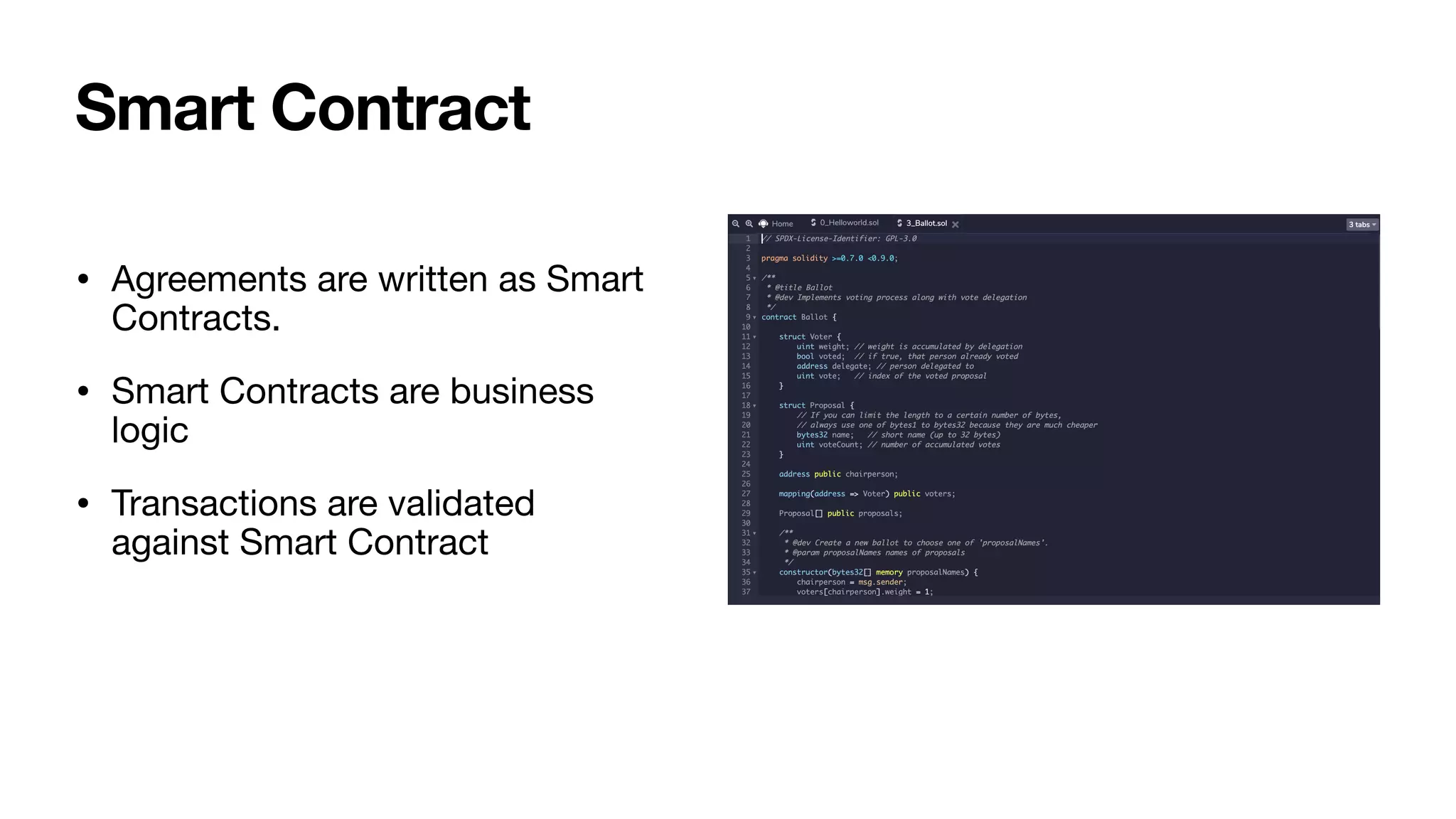 • Agreements are written as Smart
Contracts. 

• Smart Contracts are business
logic 

• Transactions are validated
against Smart Contract
Smart Contract
 