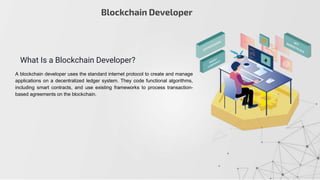 Blockchain Developer
What Is a Blockchain Developer?
A blockchain developer uses the standard internet protocol to create and manage
applications on a decentralized ledger system. They code functional algorithms,
including smart contracts, and use existing frameworks to process transaction-
based agreements on the blockchain.
 