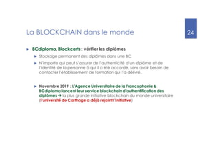24
La BLOCKCHAIN dans le monde
u BCdiploma, Blockcerts: vérifier les diplômes
u Stockage permanent des diplômes dans une BC
u N’importe qui peut s’assurer de l’authenticité d’un diplôme et de
l’identité de la personne à qui il a été accordé, sans avoir besoin de
contacter l’établissement de formation qui l’a délivré.
u Novembre 2019 : L'Agence Universitaire de la Francophonie &
BCdiploma lancent leur service blockchain d'authentification des
diplômes à la plus grande initiative blockchain du monde universitaire
(l’université de Carthage a déjà rejoint l’initiative)
 