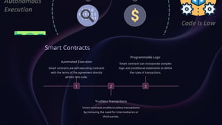 Smart Contracts
1
Automated Execution
Smart contracts are self-executing contracts
with the terms of the agreement directly
written into code.
2
Trustless Transactions
Smart contracts enable trustless transactions
by removing the need for intermediaries or
third parties.
3
Programmable Logic
Smart contracts can incorporate complex
logic and conditional statements to define
the rules of transactions.
 