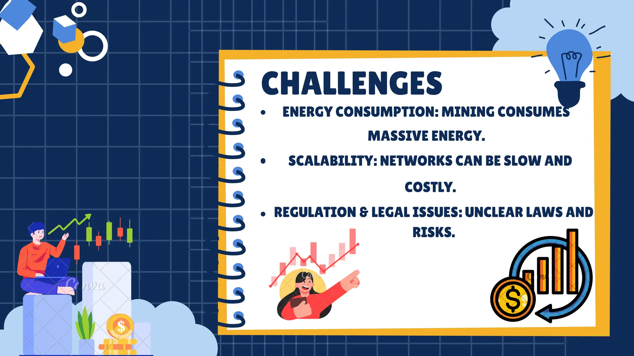 CHALLENGES
ENERGY CONSUMPTION: MINING CONSUMES
MASSIVE ENERGY.
SCALABILITY: NETWORKS CAN BE SLOW AND
COSTLY.
REGULATION & LEGAL ISSUES: UNCLEAR LAWS AND
RISKS.
 
