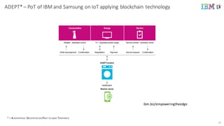 *	
  =	
  Autonomous	
  Decentralized	
  Peer-­‐to-­‐peer	
  Telemetry	
  
19
ADEPT*	
  – PoT of	
  IBM	
  and Samsung	
  on	
  IoT applying blockchain	
  technology
ibm.biz/empoweringtheedge
 