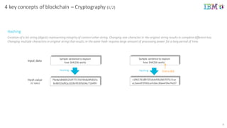 9
4	
  key concepts of	
  blockchain	
  – Cryptography (1/2)
Hashing
Creation	
  of	
  a	
  bit	
  string	
  (digest)	
  representing	
  integrity	
  of	
  content	
  other	
  string.	
  Changing	
  one	
  character	
  in	
  the	
  original	
  string	
  results	
  in	
  complete	
  different	
  has.	
  
Changing	
  multiple	
  characters	
  in	
  original	
  string	
  that	
  results	
  in	
  the	
  same	
  hash	
  requires	
  large	
  amount	
  of	
  processing	
  power	
  for	
  a long	
  period	
  of	
  time.	
  	
  
Sample	
  sentence	
  to	
  explain	
  
how	
  SHA256	
  works
Sample	
  sentence	
  to	
  explain
how	
  SHA256	
  works.
79e8a584005254f7717547b5829fd01fa
6c6831bd92a2d28c93305636c71b499
c19617618972f1dc643b2bb7075c7cac
ac3aea970581ca5c6ec30aee59a74c07
Extra	
  dot
Input	
  data
Hash	
  value
(32	
  bytes)
Hashing Hashing
 