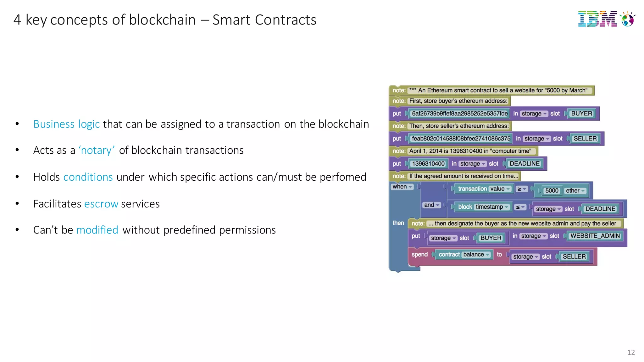 12
4	
  key concepts of	
  blockchain	
  – Smart	
  Contracts
• Business	
  logic that	
  can	
  be	
  assigned	
  to	
  a	
  transaction	
  on	
  the	
  blockchain
• Acts	
  as	
  a	
  ‘notary’ of	
  blockchain transactions
• Holds	
  conditions under	
  which	
  specific	
  actions	
  can/must	
  be	
  perfomed
• Facilitates	
  escrow services
• Can’t	
  be	
  modified without	
  predefined	
  permissions
 