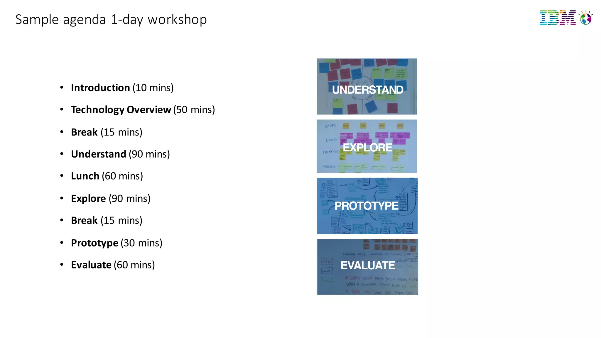 Sample	
  agenda	
  1-­‐day	
  workshop
• Introduction (10	
  mins)
• Technology	
  Overview(50	
  mins)
• Break (15	
  mins)
• Understand (90	
  mins)
• Lunch (60	
  mins)
• Explore (90	
  mins)
• Break (15	
  mins)
• Prototype	
  (30	
  mins)
• Evaluate (60	
  mins)
UNDERSTAND
EXPLORE
PROTOTYPE
EVALUATE
 