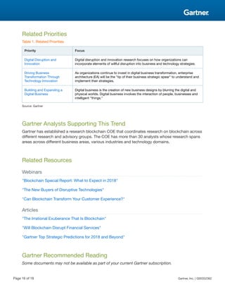 Related Priorities
Table 1. Related Priorities
Priority Focus
Digital Disruption and
Innovation
Digital disruption and innovation research focuses on how organizations can
incorporate elements of willful disruption into business and technology strategies.
Driving Business
Transformation Through
Technology Innovation
As organizations continue to invest in digital business transformation, enterprise
architecture (EA) will be the "tip of their business strategic spear" to understand and
implement their strategies.
Building and Expanding a
Digital Business
Digital business is the creation of new business designs by blurring the digital and
physical worlds. Digital business involves the interaction of people, businesses and
intelligent "things."
Source: Gartner
Gartner Analysts Supporting This Trend
Gartner has established a research blockchain COE that coordinates research on blockchain across
different research and advisory groups. The COE has more than 30 analysts whose research spans
areas across different business areas, various industries and technology domains.
Related Resources
Webinars
"Blockchain Special Report: What to Expect in 2018"
"The New Buyers of Disruptive Technologies"
"Can Blockchain Transform Your Customer Experience?"
Articles
"The Irrational Exuberance That Is Blockchain"
"Will Blockchain Disrupt Financial Services"
"Gartner Top Strategic Predictions for 2018 and Beyond"
Gartner Recommended Reading
Some documents may not be available as part of your current Gartner subscription.
Page 16 of 18 Gartner, Inc. | G00352362
 