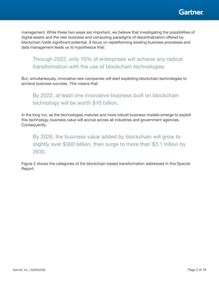 management. While these two areas are important, we believe that investigating the possibilities of
digital assets and the new business and computing paradigms of decentralization offered by
blockchain holds significant potential. A focus on replatforming existing business processes and
data management leads us to hypothesize that:
Through 2022, only 10% of enterprises will achieve any radical
transformation with the use of blockchain technologies.
But, simultaneously, innovative new companies will start exploiting blockchain technologies to
achieve business success. This means that:
By 2022, at least one innovative business built on blockchain
technology will be worth $10 billion.
In the long run, as the technologies matures and more robust business models emerge to exploit
this technology, business value will accrue across all industries and government agencies.
Consequently:
By 2026, the business value added by blockchain will grow to
slightly over $360 billion, then surge to more than $3.1 trillion by
2030.
Figure 2 shows the categories of the blockchain-based transformation addressed in this Special
Report.
Gartner, Inc. | G00352362 Page 5 of 18
 