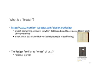 What is a “ledger”?
• https://www.merriam-webster.com/dictionary/ledger
• a book containing accounts to which debits and credits are posted from books
of original entry
• a horizontal board used for vertical support (as in scaffolding)
• The ledger familiar to “most” of us…?
• Personal journal
13
 