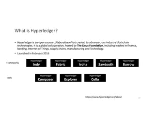 What is Hyperledger?
• Hyperledger is an open source collaborative effort created to advance cross-industry blockchain
technologies. It is a global collaboration, hosted by The Linux Foundation, including leaders in finance,
banking, Internet of Things, supply chains, manufacturing and Technology.
• Launched in February 2016
https://www.hyperledger.org/about
Frameworks
Tools
Hyperledger
Indy
Hyperledger
Fabric
Hyperledger
Iroha
Hyperledger
Sawtooth
Hyperledger
Burrow
Hyperledger
Composer
Hyperledger
Explorer
Hyperledger
Cello
37
 