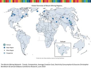 The Bitcoin Mining Network - Trends, Composition, Average Creation Cost, Electricity Consumption & Sources Christopher
Bendiksen & Samuel Gibbons CoinShares Research, June 2019
Global Overview of Bitcoin Mining Regions.
 