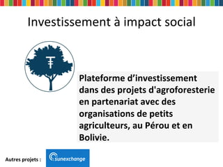 Investissement à impact social
Plateforme d’investissement
dans des projets d'agroforesterie
en partenariat avec des
organ...