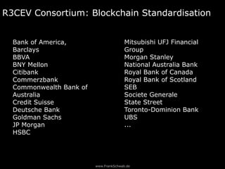 www.FrankSchwab.de
R3CEV Consortium: Blockchain Standardisation
Bank of America,
Barclays
BBVA
BNY Mellon
Citibank
Commerzbank
Commonwealth Bank of
Australia
Credit Suisse
Deutsche Bank
Goldman Sachs
JP Morgan
HSBC
Mitsubishi UFJ Financial
Group
Morgan Stanley
National Australia Bank
Royal Bank of Canada
Royal Bank of Scotland
SEB
Societe Generale
State Street
Toronto-Dominion Bank
UBS
...
 