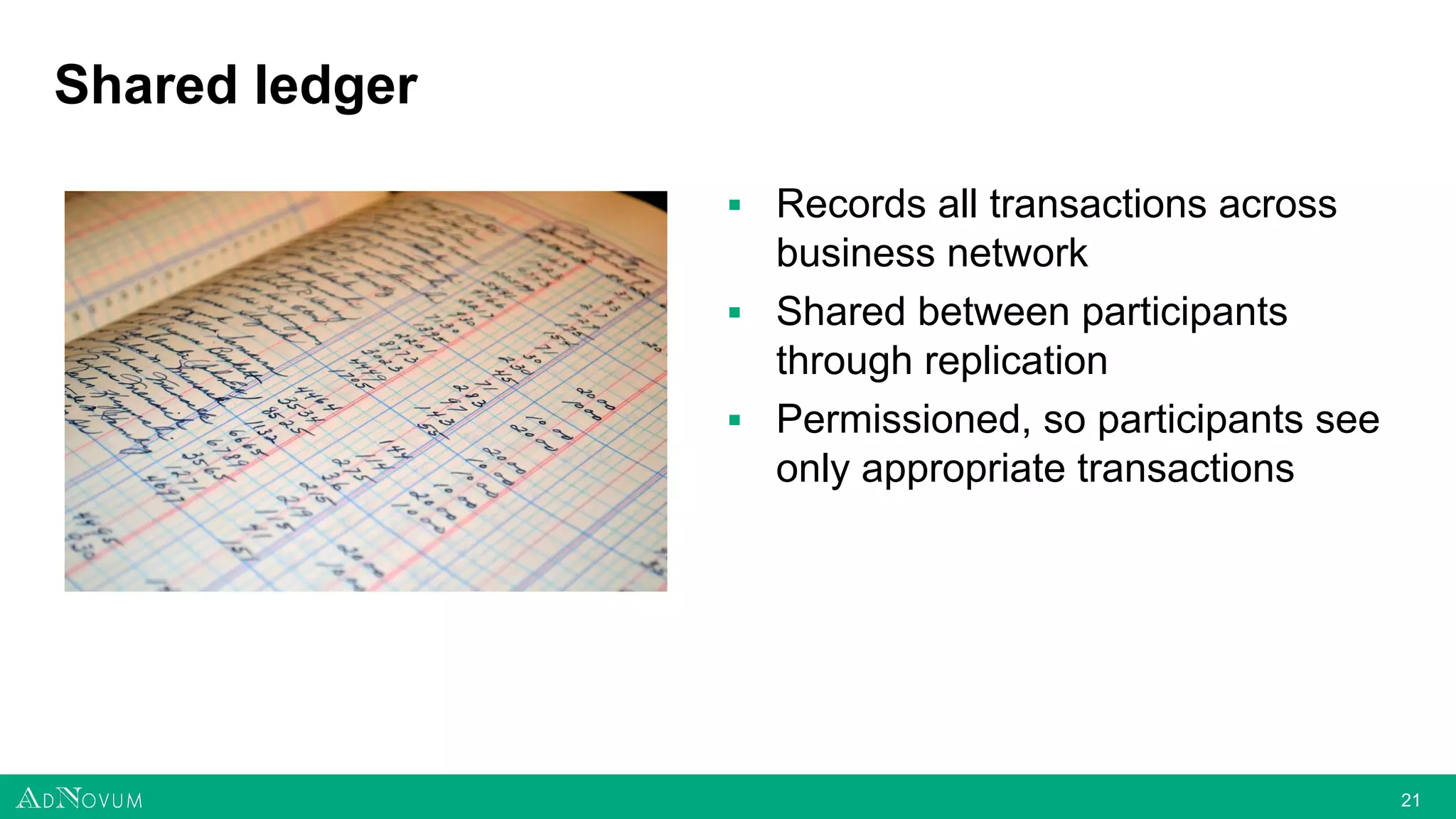 2121
Shared ledger
▪ Records all transactions across
business network
▪ Shared between participants
through replication
▪ Permissioned, so participants see
only appropriate transactions
 