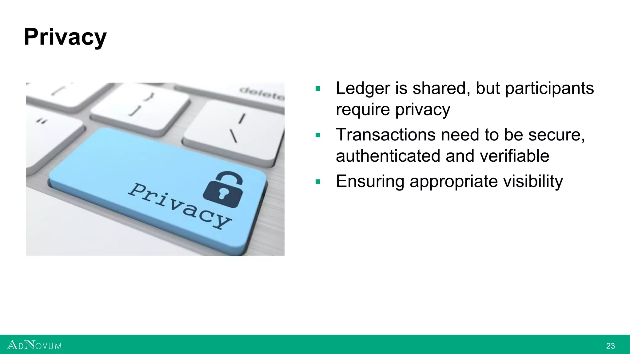 2323
Privacy
▪ Ledger is shared, but participants
require privacy
▪ Transactions need to be secure,
authenticated and verifiable
▪ Ensuring appropriate visibility
 